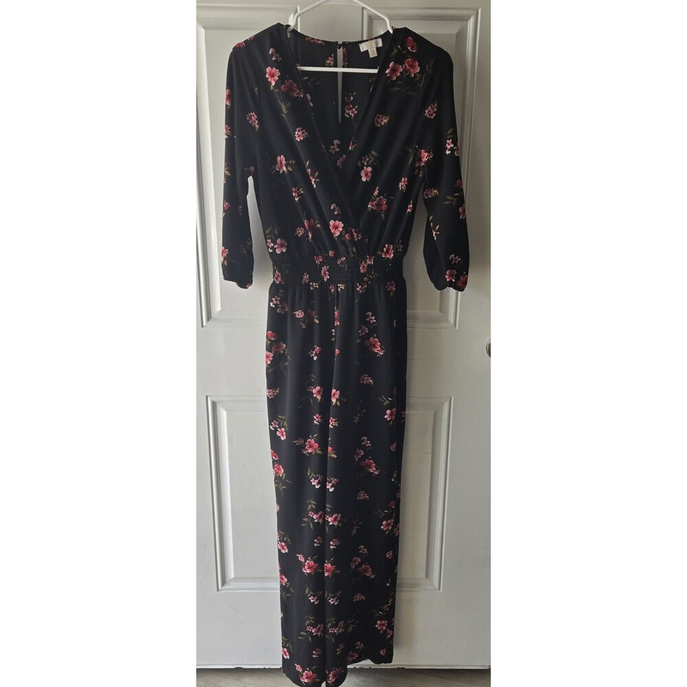 Great Jumpsuit black with Pink flowers wrinkle free  long sleeve  size XS